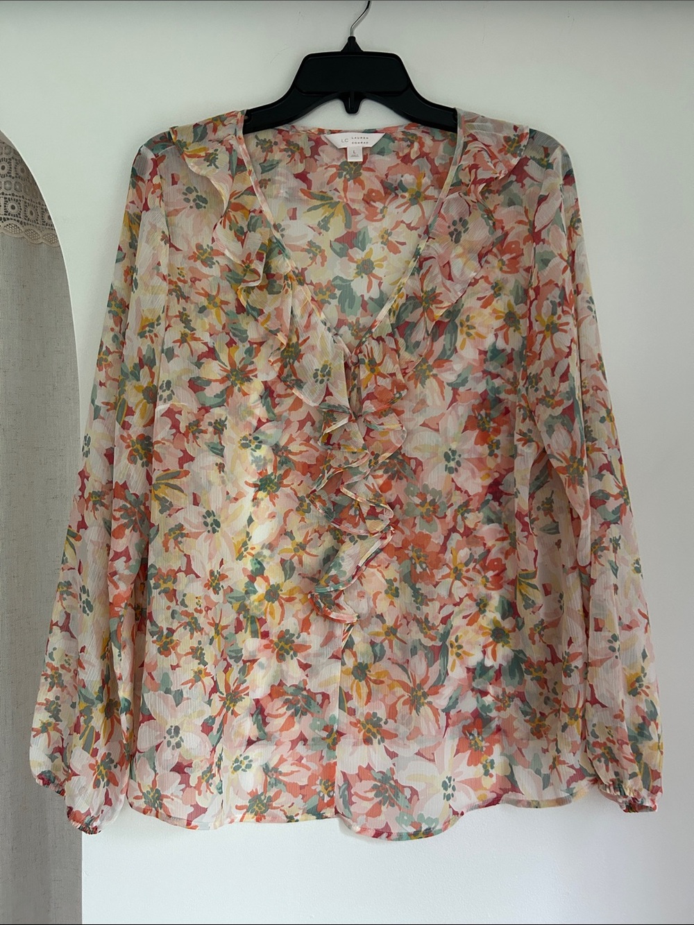 LC Lauren Conrad Sheer Floral Ruffle Blouse - Pink, Green, Yellow